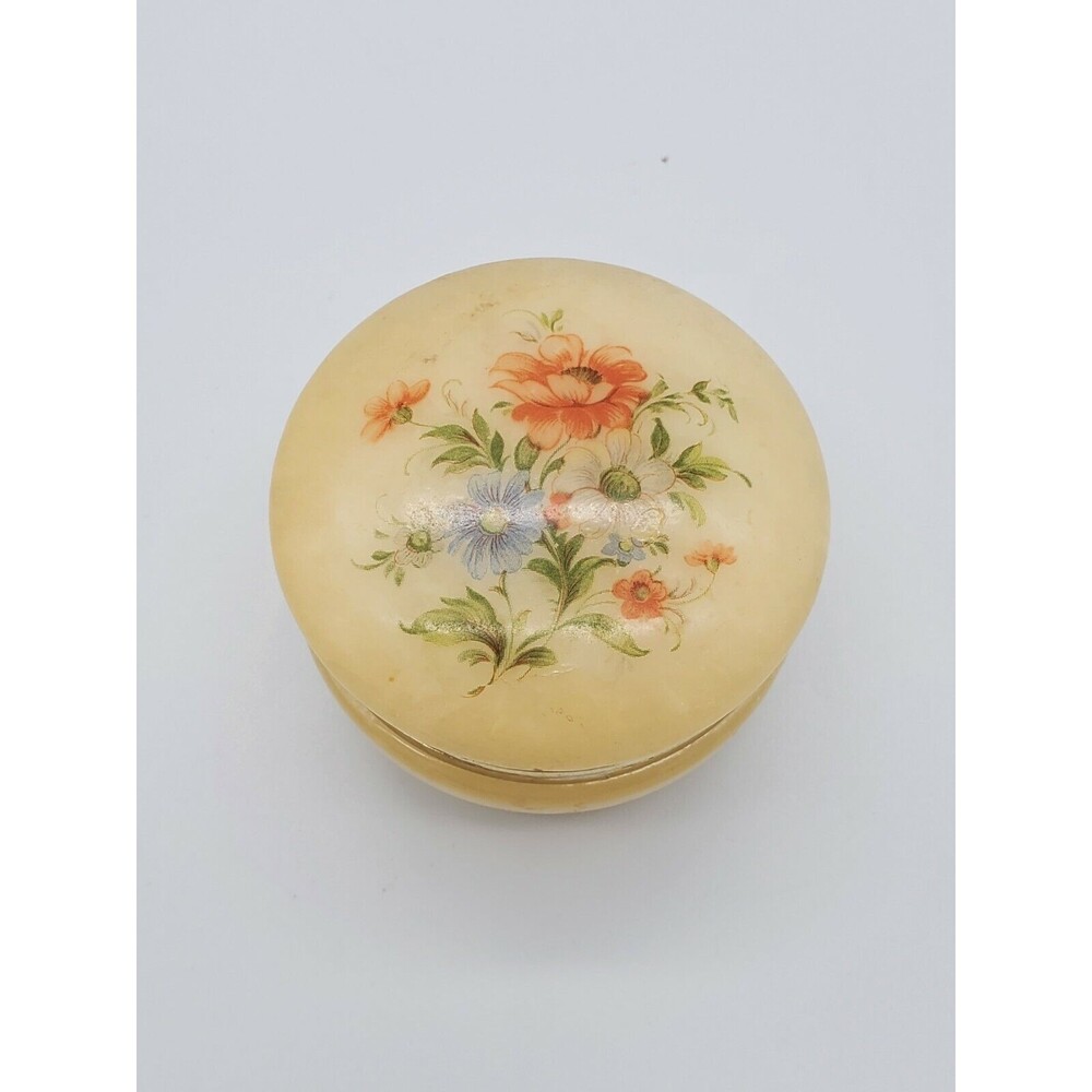 Vintage Firenze Alabaster Round Hinged Trinket Dish Floral Made in ITALY